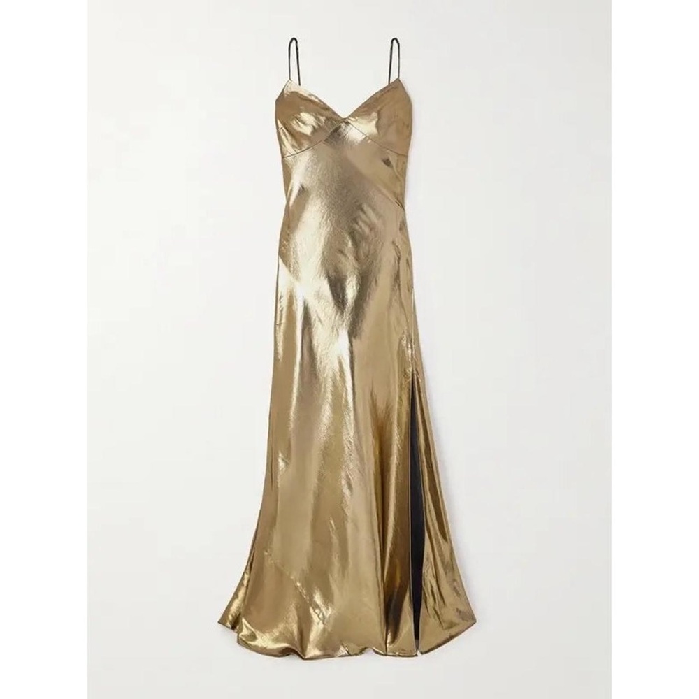 Gold Metallic Strappy Maxi Dress Side Split Evening Gown Size US 6 - Picture 2 of 12